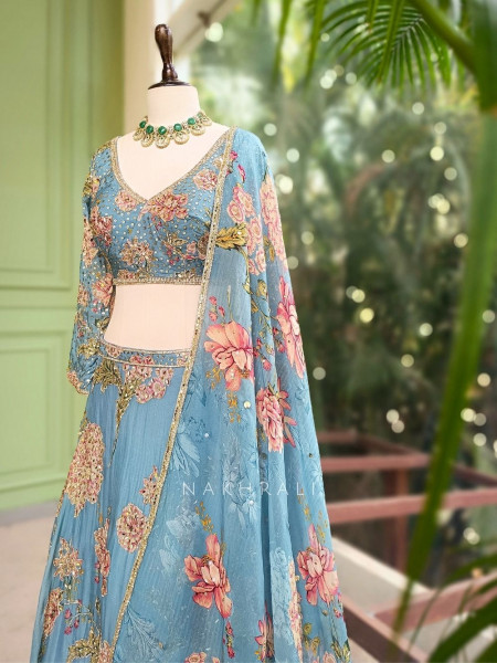 Vihana Sky Blue Lehenga Set with Floral Print and Sequin Work