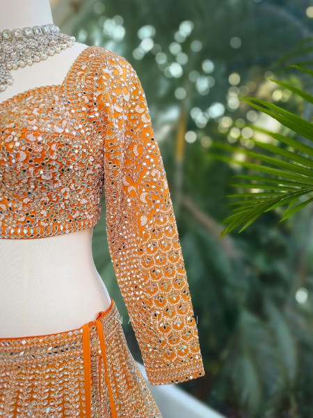 Sitara Orange Net Lehenga with Mirror, Zari and Bead Embellishments