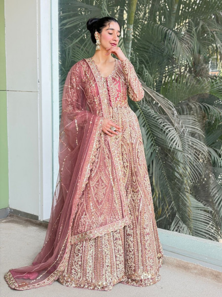 Blush Bloom Pink Achkan Pattern Lehenga with Zari Sequin Work