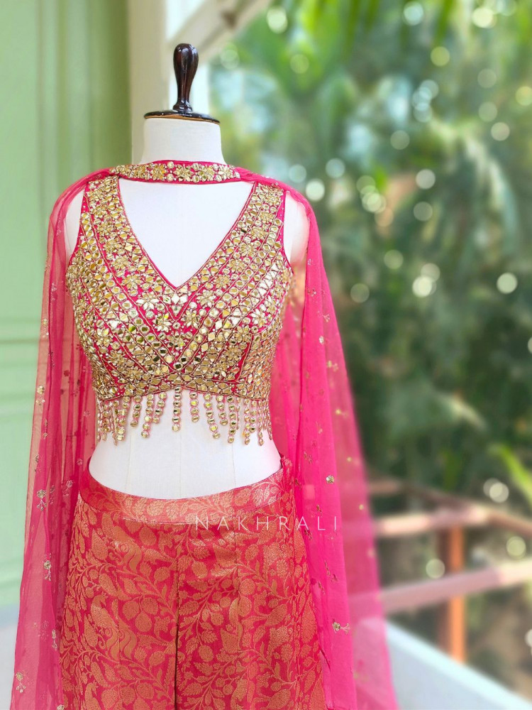 Image of Vritika Magenta Brocade Palazzo Set with Mirror Work