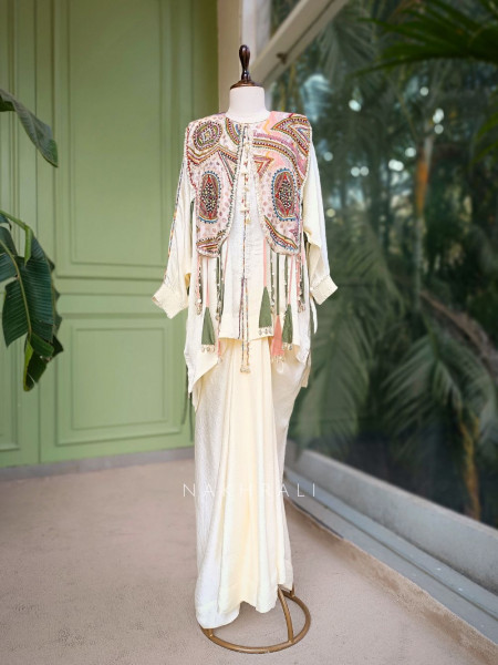 Elaria Cream Indo-Western Jacket Set with Embroidery