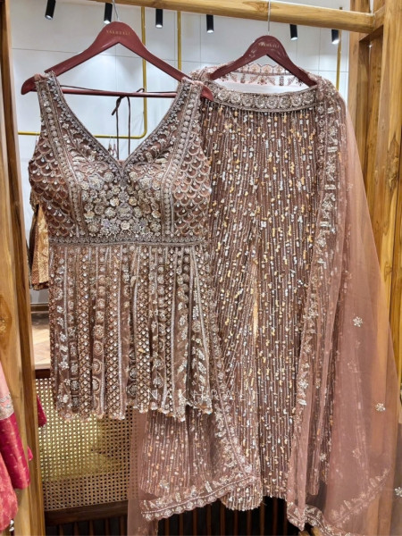 Sorbet Dusty Pink Net Peplum Sharara Set with Crystal