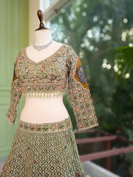 Kivra Green Lehenga Set with Multicolor Embroidery and Dupatta