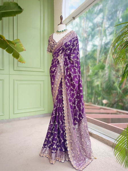 Tarangini Purple Banarasi Silk Blend Saree with Readymade Blouse