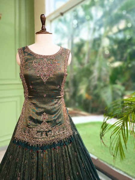 Twilight Moss Olive Green Metallic Tissue Silk Indo-Western Lehenga