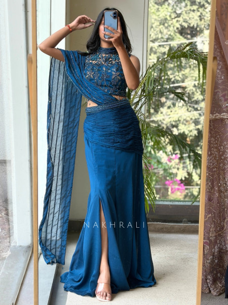Shadowed Teal Blue Crushed Georgette – Pre-Draped Saree with Blouse