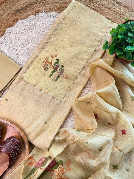 Parisa Beige Embroidered Cotton Dress Material with Bird Motifs