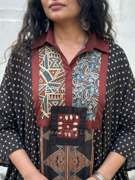Boho Canvas Black Printed Kaftan Dress