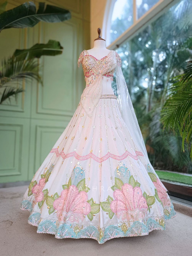 Image of Solaris Petal Off-White Satin Silk &amp; Soft Net Lehenga