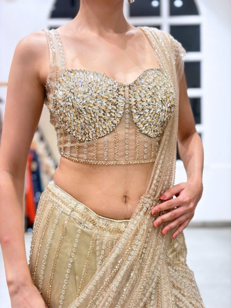 Meridian Beige Tulle Net Pre-Stitched Drape Saree