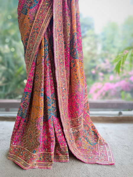 Mishka Magenta Printed Saree with Sequin Work