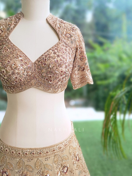 Tvarika Beige Tissue Organza Bridal Lehenga With Zardozi Tilla & Scalloped Work