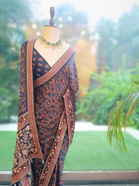 Blue Floral Ajrak Modal Silk Saree