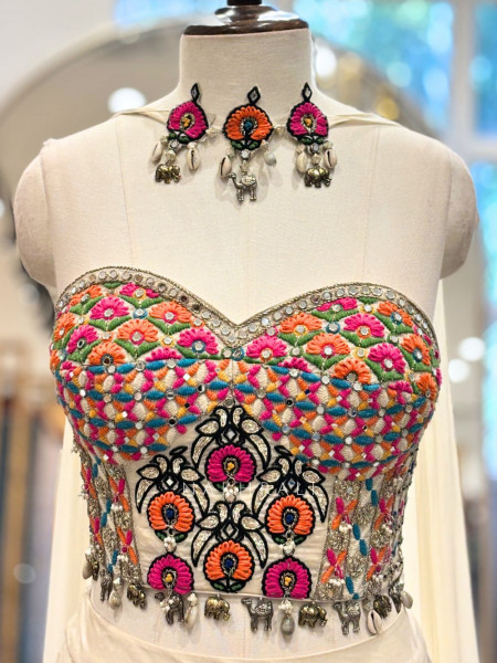 Azure Cream Georgette Indo Western Lehenga with Thread and Mirror Work