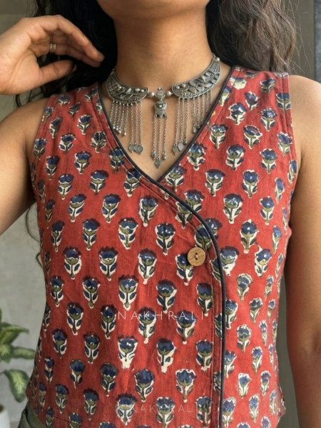 Flexora Red Printed Sleeveless Top with Overlap Neck Detail