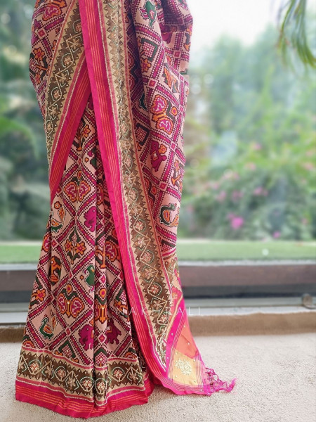 Varnamala Red Patola Silk Saree with Multicolor Elephant & Peacock Motifs and Zari Border