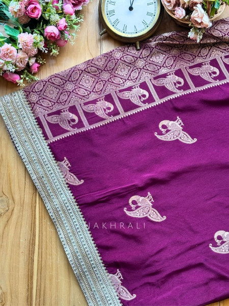 Tavira Wine Saree with Broad Border and Unstitched Blouse Piece