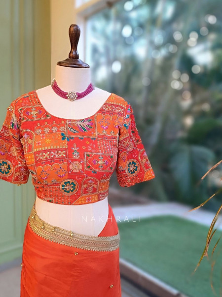 Rati Orange Saree with Gota Patti Border & Multicolor Embroidered Readymade Blouse