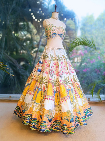Royal Canvas White Printed Lehenga with Sequin Bead Work