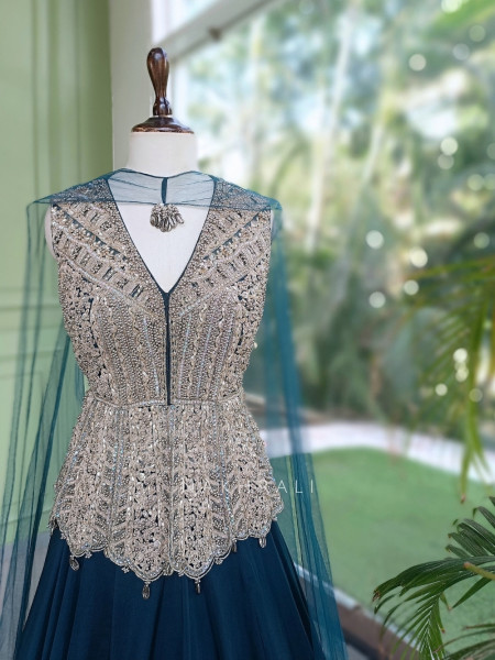 Seravelle Teal Green Net & Georgette Indo-Western Peplum Lehenga Set