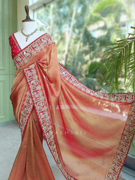Noor-e-Aftab Orange Saree With Heritage Zardozi & Peacock Elephant Embroidery