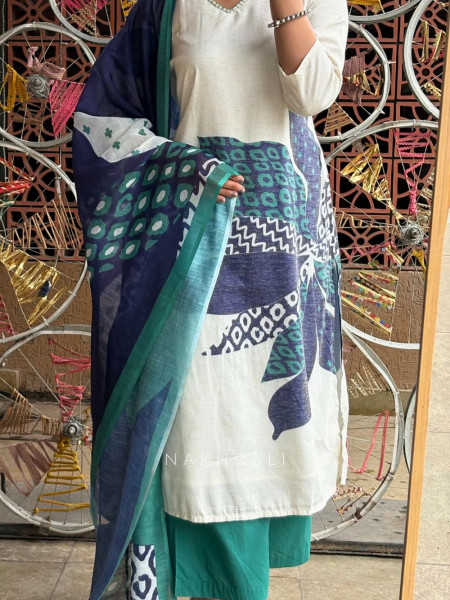 Ivory & Teal Cotton Suit Set with Abstract Print