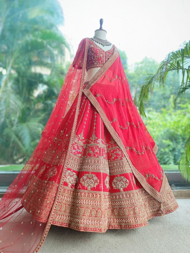 Image of Shahi Kalidaar Red Raw Silk &amp; Soft Net Bridal Lehenga