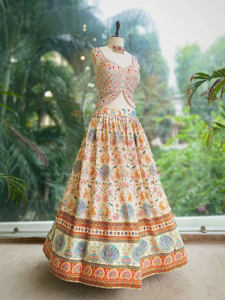 Elysian Cream Printed Lehenga with Intricate Detailing