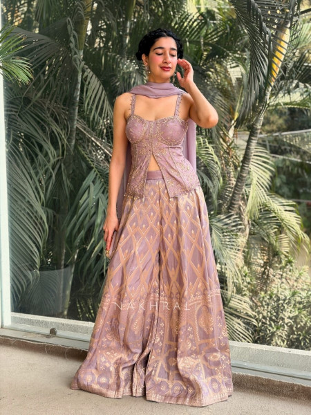 Zyelle Purple Chinon Palazzo Set with Hand Embroidery