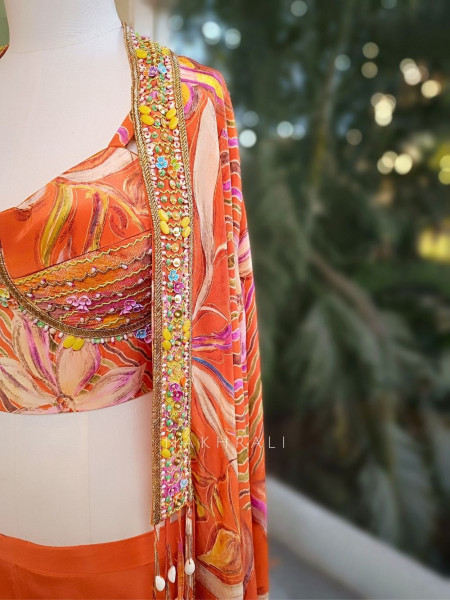 Vireya Orange Floral Cape Palazzo Set