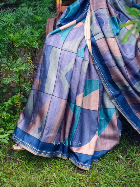 Nirvani Blue Silk Saree with Geometric Abstract Design