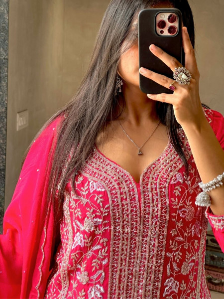 Shivi Magenta Palazzo Suit Set with Intricate Embroidery