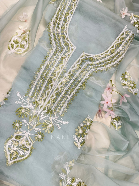 Foliage Frost Sea Green Organza Luxury Dress Material