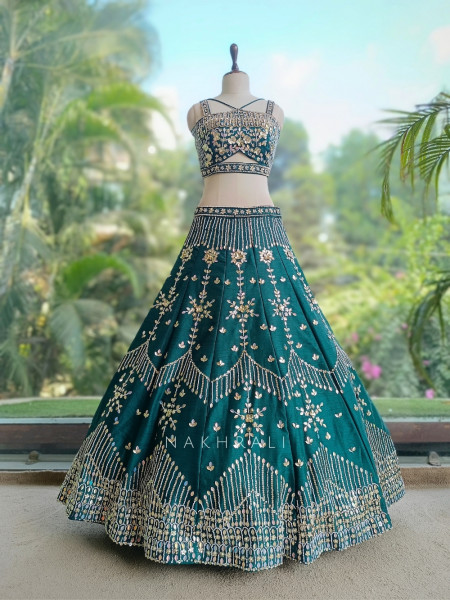 Cloverine Green Raw Silk Indo-Western Lehenga Set
