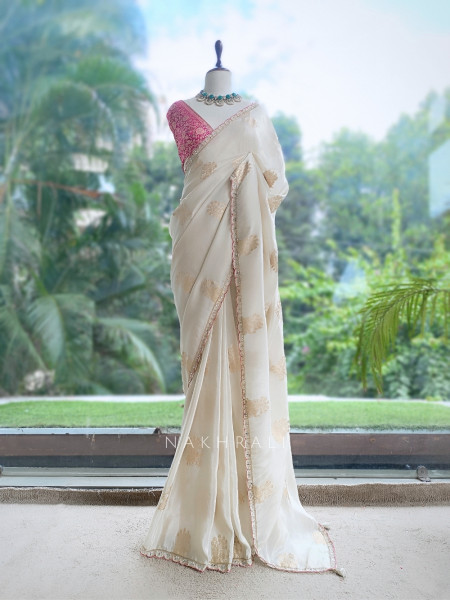 Kusumrekha Cream Georgette / Chinnon Silk With Saree with Contrast Running Blouse
