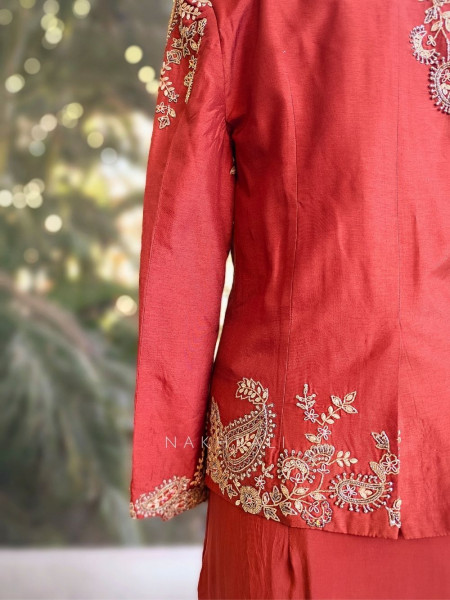 Velira Rust Embroidered Crop Top Skirt Set with Jacket