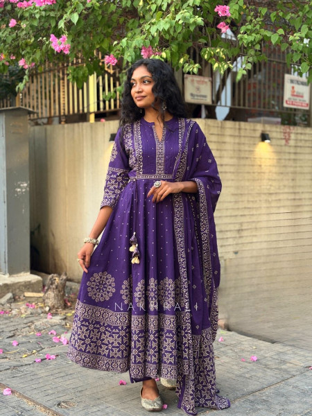 Neelohit Purple Cotton Anarkali Printed  Suit Set with