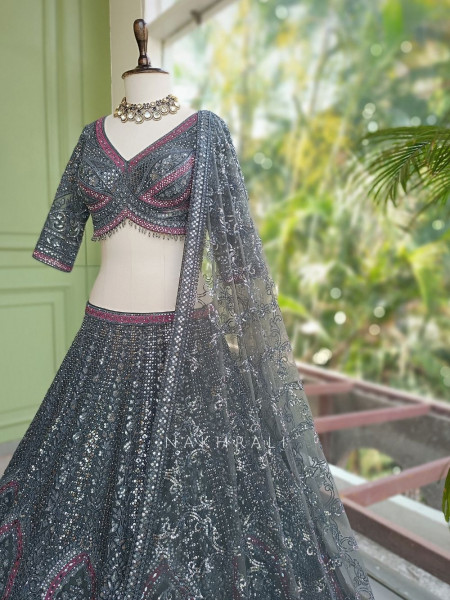 Shimmery Grey Lehenga Set with Embroidery and Sequin Work
