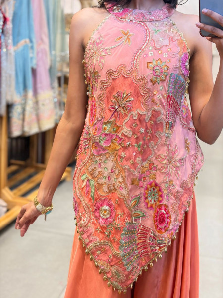 Floral Pink Indo-Western Palazzo Set with Sequin Work