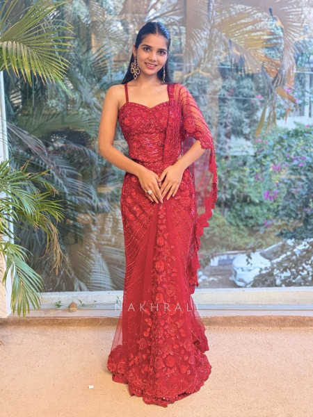 Aarvah Red Pre-Draped Saree with Sequin, Cut Dana & Bead Work