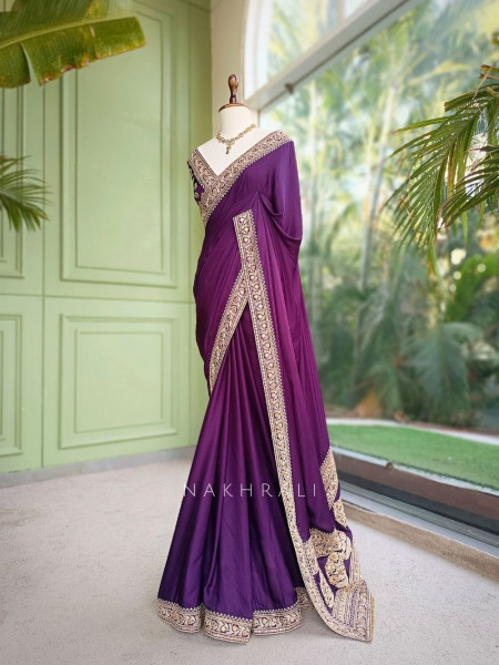 Gilded Borderways Purple Chinnon Silk Saree with Running Blouse