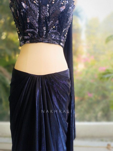 Neelvira Blue Crop Top Drape Skirt Set with Sequin & Cut Dana Work