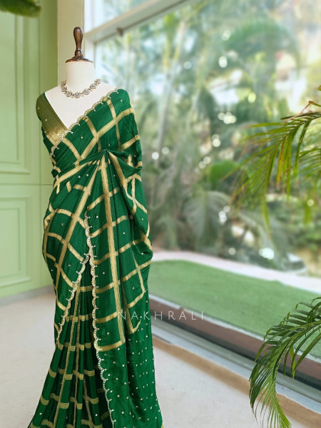 Asmi Green Chinon Silk Zari Check Saree