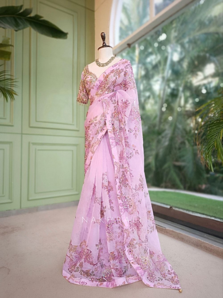 Image of Petal Gleam Lavender Floral Silk Organza Saree