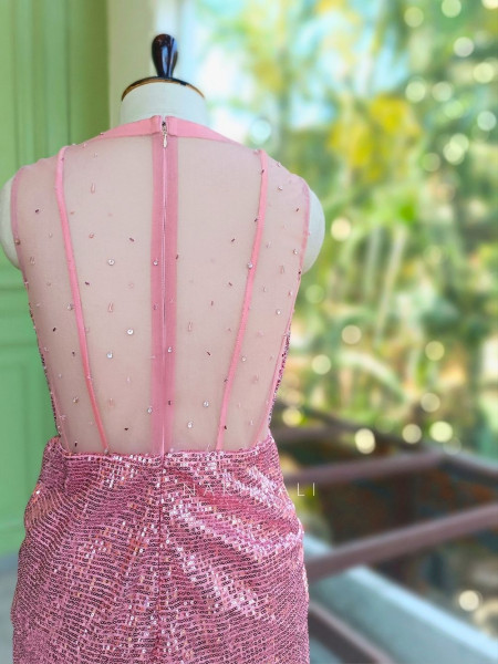 Eirene Pink Sequin Gown with Cut Dana Work and Frill Jacket