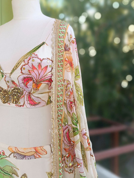 Averelle Off-White Floral Indo-Western Lehenga with Sequin Embroidery