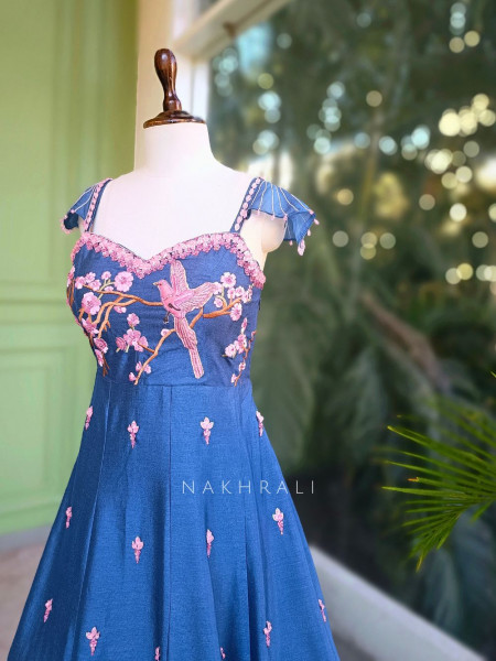 Elina Blue Silk Dress with Sequin Bead Work