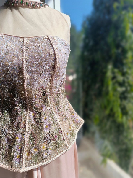 Muse Peach Embellished Corset Top & Skirt Set