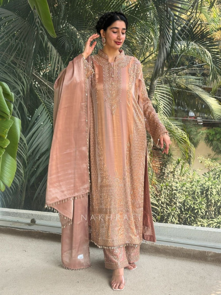 Zariya Peach Suit Set with Cut Dana and Zari Work