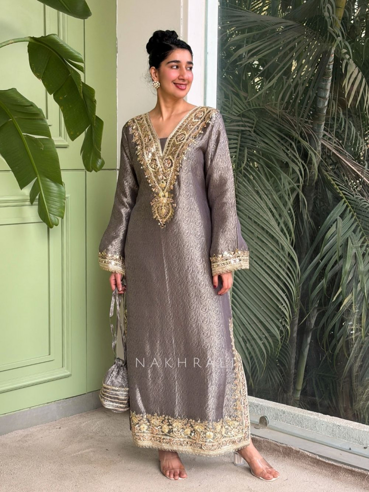 Image of Kyra Grey Straight Dress with Mirror Zari Work